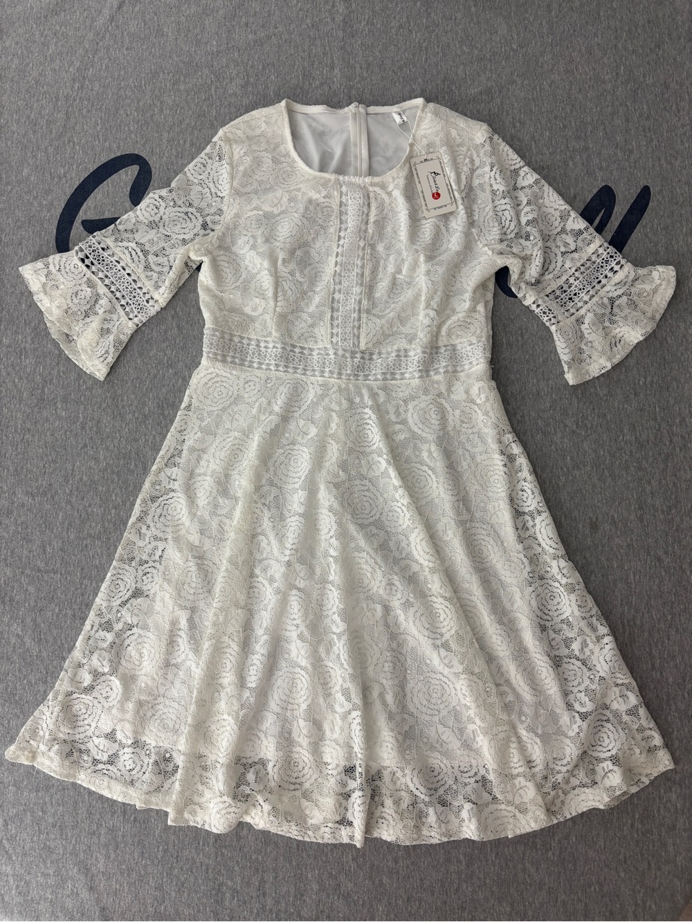 Pink Lady White Floral Lace A-Line Dress Bell 3/4 Sleeve Crochet Detail L Boho